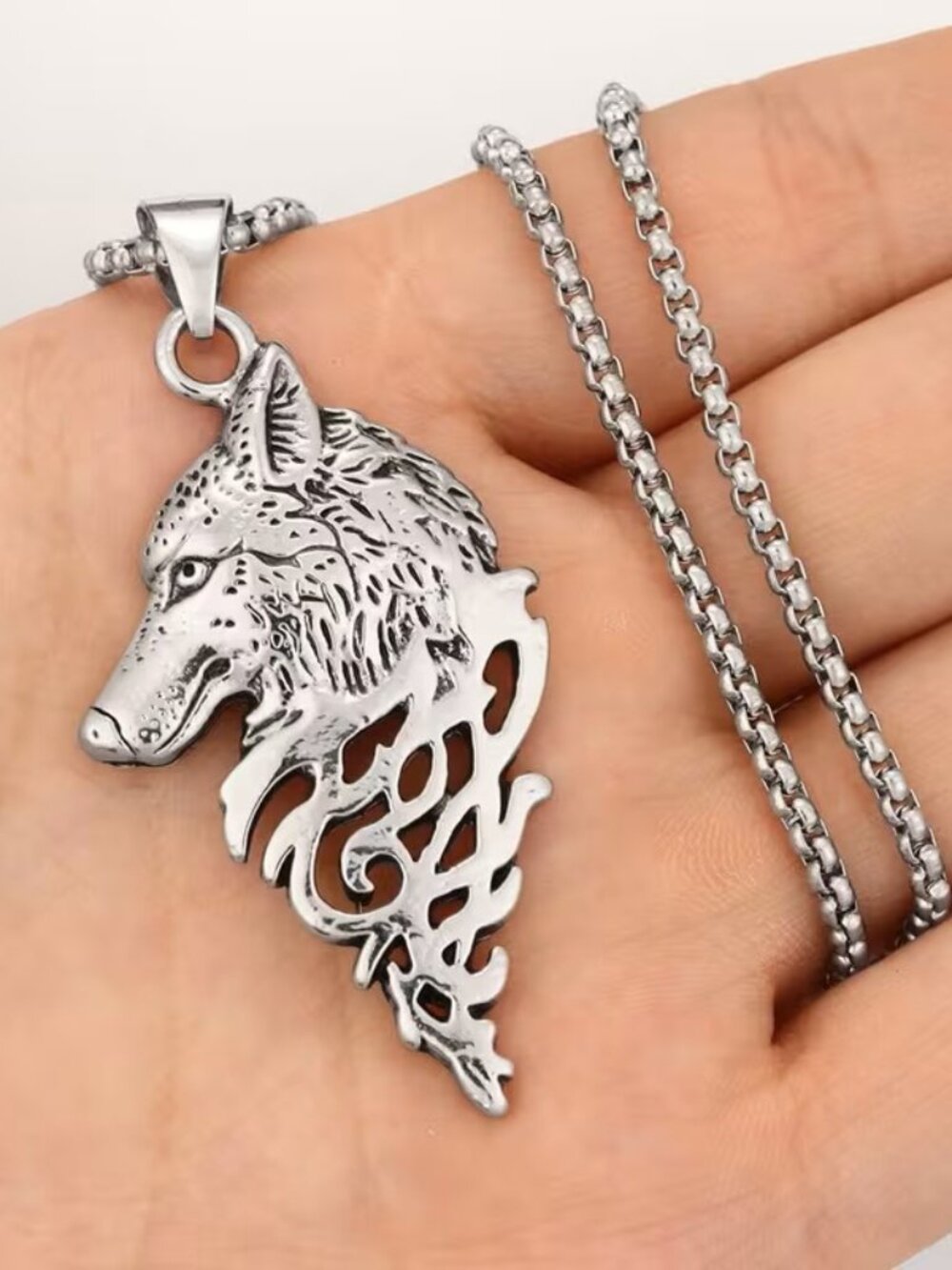 Wolf Head Pendant Necklace Silver Tone Chain Animal Jewelry Men's Women's Gift